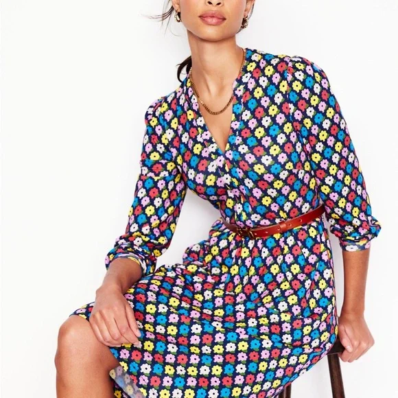 BODEN Naomi Floral Long Sleeve A-line Floral Colorful V-neck Mii Dress Sz 10 - Picture 4 of 6